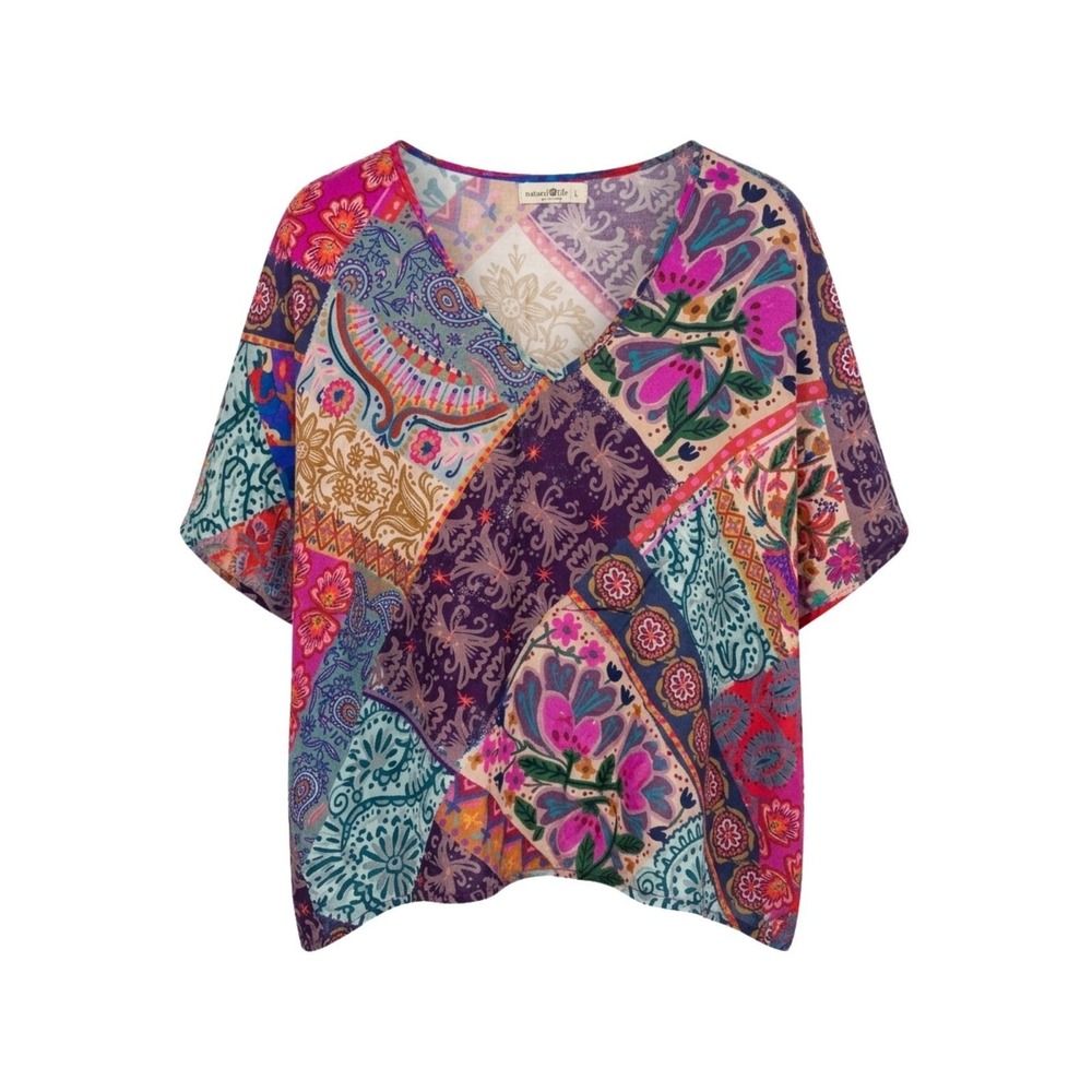 Natural Life Patchwork Boho V-Neck Top Pink Purple Floral Paisley Large
